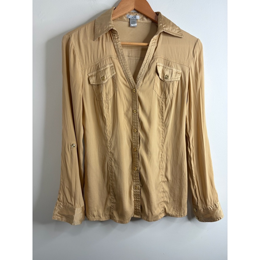 VTG Cache Silk Blend Blouse Top Sz Small Tan Utility Retro Designer Career Y2K